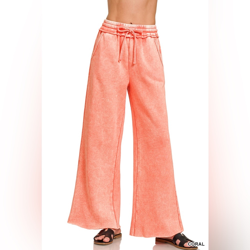Closeout Last 1! Zenana Coral ACID WASH FLEECE PALAZZO SWEATPANTS